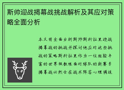 斯帅迎战揭幕战挑战解析及其应对策略全面分析